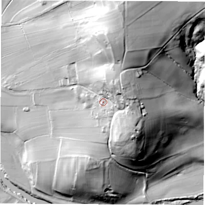 Shaded relief map of the ground around LS224BU, computed from Environment Agency LiDAR. The ground here sits at about 67 m above sea level and falls 74 m across the surrounding 800 m. Surface water reaching this point runs off ground lying to the north-east, 21.9 m higher.