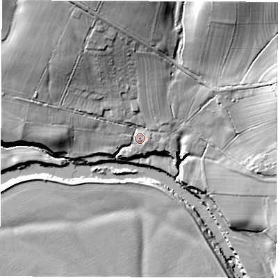 Shaded relief map of the ground around LS224BZ, computed from Environment Agency LiDAR. The ground here sits at about 34 m above sea level and falls 36 m across the surrounding 800 m. Surface water reaching this point runs off ground lying to the north-north-west, 16.9 m higher.