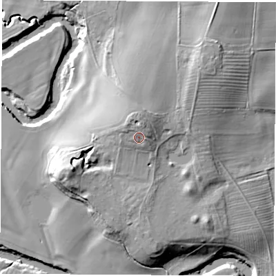Shaded relief map of the ground around LS224EZ, computed from Environment Agency LiDAR. The ground here sits at about 36 m above sea level and falls 17 m across the surrounding 800 m. Surface water reaching this point runs off ground lying to the north, 2.4 m higher.