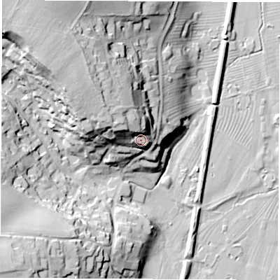 Shaded relief map of the ground around LS224HL, computed from Environment Agency LiDAR. The ground here sits at about 42 m above sea level and falls 42 m across the surrounding 800 m. Surface water reaching this point runs off ground lying to the north-west, 13.9 m higher.