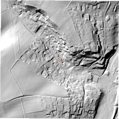 Shaded relief map of the ground around LS224HN, computed from Environment Agency LiDAR. The ground here sits at about 30 m above sea level and falls 44 m across the surrounding 800 m. Surface water reaching this point runs off ground lying to the west-south-west, 34.6 m higher.