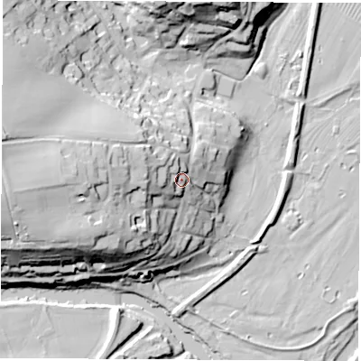 Shaded relief map of the ground around LS224HT, computed from Environment Agency LiDAR. The ground here sits at about 39 m above sea level and falls 42 m across the surrounding 800 m. Surface water reaching this point runs off ground lying to the west-north-west, 11.6 m higher.