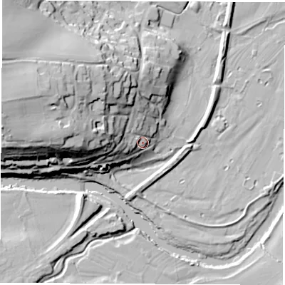 Shaded relief map of the ground around LS224JB, computed from Environment Agency LiDAR. The ground here sits at about 29 m above sea level and falls 40 m across the surrounding 800 m. Surface water reaching this point runs off ground lying to the west-north-west, 23.4 m higher.
