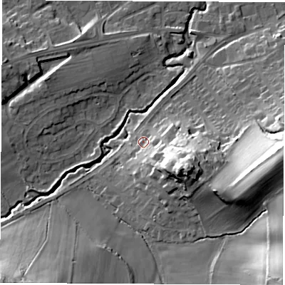 Shaded relief map of the ground around LS225AA, computed from Environment Agency LiDAR. The ground here sits at about 30 m above sea level and falls 35 m across the surrounding 800 m. Surface water reaching this point runs off ground lying to the south-east, 18.5 m higher.