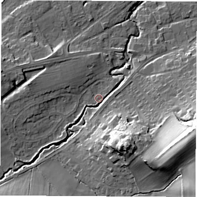 Shaded relief map of the ground around LS225AE, computed from Environment Agency LiDAR. The ground here sits at about 26 m above sea level and falls 32 m across the surrounding 800 m. Surface water reaching this point runs off ground lying to the south-south-east, 24.6 m higher.