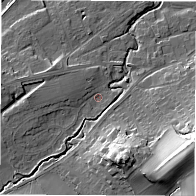 Shaded relief map of the ground around LS225AF, computed from Environment Agency LiDAR. The ground here sits at about 25 m above sea level and falls 33 m across the surrounding 800 m. Surface water reaching this point runs off ground lying to the west, 5.8 m higher.
