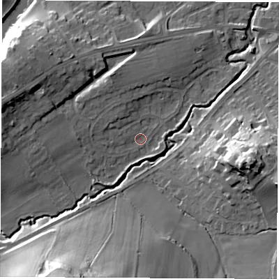 Shaded relief map of the ground around LS225AG, computed from Environment Agency LiDAR. The ground here sits at about 27 m above sea level and falls 36 m across the surrounding 800 m. Surface water reaching this point runs off ground lying to the west-north-west, 4.3 m higher.