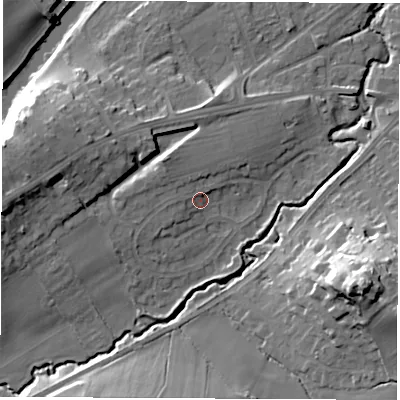 Shaded relief map of the ground around LS225AJ, computed from Environment Agency LiDAR. The ground here sits at about 28 m above sea level and falls 29 m across the surrounding 800 m. Surface water reaching this point runs off ground lying to the west-north-west, 2.1 m higher.