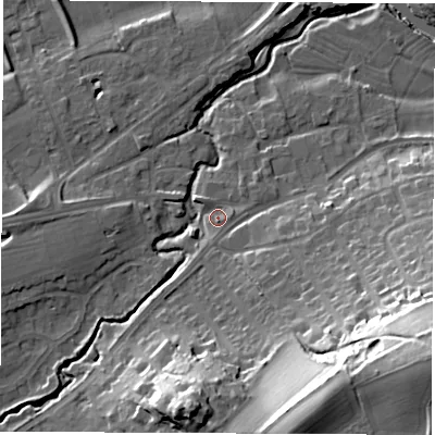 Shaded relief map of the ground around LS225AP, computed from Environment Agency LiDAR. The ground here sits at about 25 m above sea level and falls 39 m across the surrounding 800 m. Surface water reaching this point runs off ground lying to the east-south-east, 33.0 m higher.