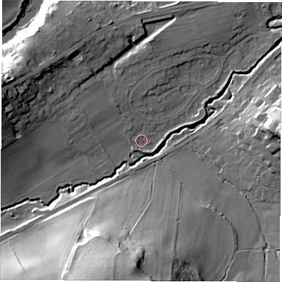 Shaded relief map of the ground around LS225AQ, computed from Environment Agency LiDAR. The ground here sits at about 27 m above sea level and falls 46 m across the surrounding 800 m. Surface water reaching this point runs off ground lying to the south-south-west, 1.5 m higher.