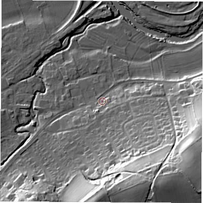 Shaded relief map of the ground around LS225AS, computed from Environment Agency LiDAR. The ground here sits at about 25 m above sea level and falls 41 m across the surrounding 800 m. Surface water reaching this point runs off ground lying to the south-south-east, 29.5 m higher.