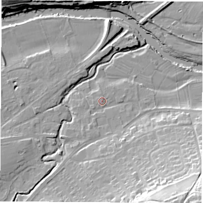 Shaded relief map of the ground around LS225AU, computed from Environment Agency LiDAR. The ground here sits at about 24 m above sea level and falls 40 m across the surrounding 800 m. Surface water reaching this point runs off ground lying to the south-south-east, 10.8 m higher.