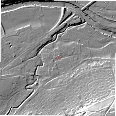 Shaded relief map of the ground around LS225AX, computed from Environment Agency LiDAR. The ground here sits at about 24 m above sea level and falls 40 m across the surrounding 800 m. Surface water reaching this point runs off ground lying to the south-south-east, 10.8 m higher.