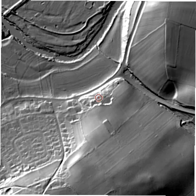 Shaded relief map of the ground around LS225AY, computed from Environment Agency LiDAR. The ground here sits at about 35 m above sea level and falls 43 m across the surrounding 800 m. Surface water reaching this point runs off ground lying to the south-south-east, 13.4 m higher.
