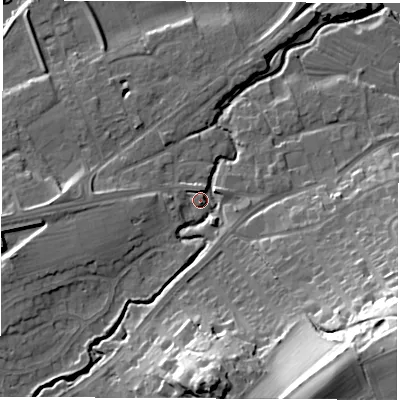 Shaded relief map of the ground around LS225BL, computed from Environment Agency LiDAR. The ground here sits at about 25 m above sea level and falls 37 m across the surrounding 800 m. Surface water reaching this point runs off ground lying to the south, 24.4 m higher.