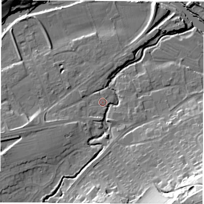 Shaded relief map of the ground around LS225BN, computed from Environment Agency LiDAR. The ground here sits at about 24 m above sea level and falls 37 m across the surrounding 800 m. Surface water reaching this point runs off ground lying to the west-south-west, 2.2 m higher.