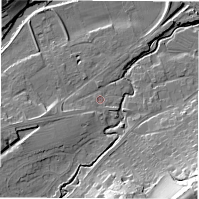 Shaded relief map of the ground around LS225BP, computed from Environment Agency LiDAR. The ground here sits at about 24 m above sea level and falls 35 m across the surrounding 800 m. Surface water reaching this point runs off ground lying to the south-west, 1.9 m higher.
