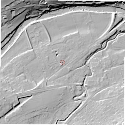 Shaded relief map of the ground around LS225BS, computed from Environment Agency LiDAR. The ground here sits at about 25 m above sea level and falls 28 m across the surrounding 800 m. Surface water reaching this point runs off ground lying to the west-south-west, 9.1 m higher.