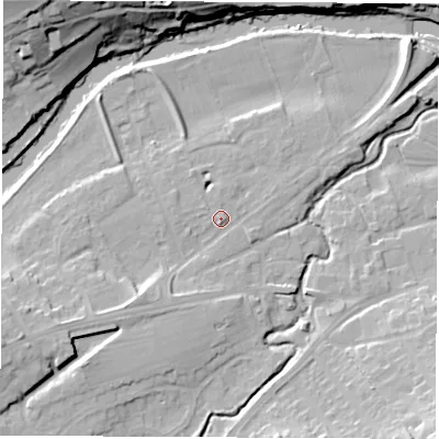 Shaded relief map of the ground around LS225BT, computed from Environment Agency LiDAR. The ground here sits at about 25 m above sea level and falls 27 m across the surrounding 800 m. Surface water reaching this point runs off ground lying to the west-south-west, 9.7 m higher.
