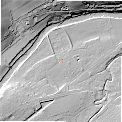 Shaded relief map of the ground around LS225BU, computed from Environment Agency LiDAR. The ground here sits at about 25 m above sea level and falls 32 m across the surrounding 800 m. Surface water reaching this point runs off ground lying to the west-south-west, 1.4 m higher.