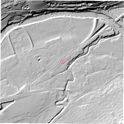 Shaded relief map of the ground around LS225BW, computed from Environment Agency LiDAR. The ground here sits at about 24 m above sea level and falls 29 m across the surrounding 800 m. Surface water reaching this point runs off ground lying to the south-west, 1.6 m higher.