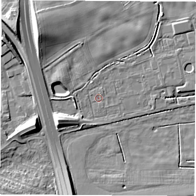 Shaded relief map of the ground around LS225EB, computed from Environment Agency LiDAR. The ground here sits at about 26 m above sea level and falls 13 m across the surrounding 800 m. Surface water reaching this point runs off ground lying to the north-east, 0.9 m higher.