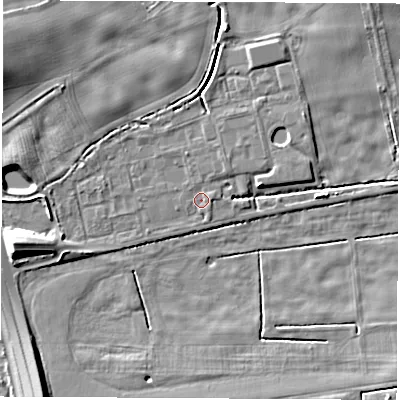 Shaded relief map of the ground around LS225ED, computed from Environment Agency LiDAR. The ground here sits at about 26 m above sea level and falls 12 m across the surrounding 800 m. Surface water reaching this point runs off ground lying to the west-south-west, 10.6 m higher.