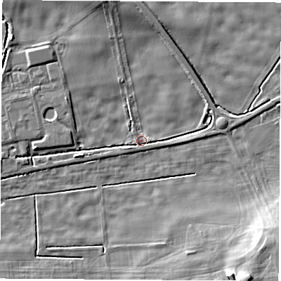 Shaded relief map of the ground around LS225EG, computed from Environment Agency LiDAR. The ground here sits at about 25 m above sea level and falls 11 m across the surrounding 800 m. Surface water reaching this point runs off ground lying to the east, 1.9 m higher.