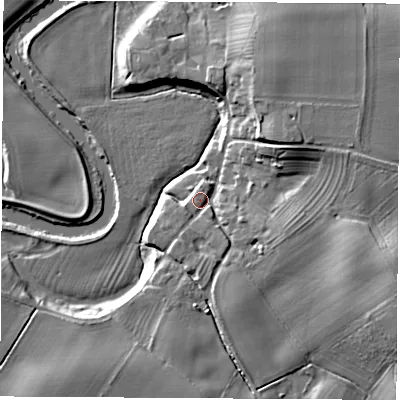 Shaded relief map of the ground around LS225EY, computed from Environment Agency LiDAR. The ground here sits at about 24 m above sea level and falls 16 m across the surrounding 800 m. Surface water reaching this point runs off ground lying to the east-south-east, 7.3 m higher.
