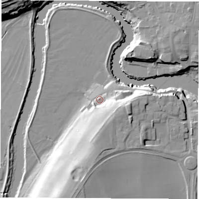 Shaded relief map of the ground around LS225FN, computed from Environment Agency LiDAR. The ground here sits at about 23 m above sea level and falls 29 m across the surrounding 800 m. Surface water reaching this point runs off ground lying to the south-south-east, 14.3 m higher.