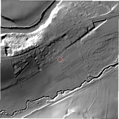 Shaded relief map of the ground around LS225FS, computed from Environment Agency LiDAR. The ground here sits at about 31 m above sea level and falls 39 m across the surrounding 800 m. Surface water reaching this point runs off ground lying to the west, 16.8 m higher.