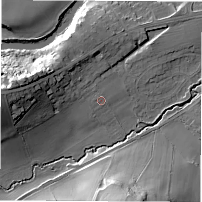 Shaded relief map of the ground around LS225FT, computed from Environment Agency LiDAR. The ground here sits at about 30 m above sea level and falls 42 m across the surrounding 800 m. Surface water reaching this point runs off ground lying to the north-west, 0.9 m higher.