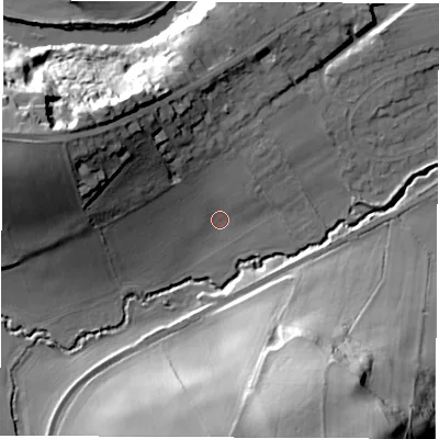 Shaded relief map of the ground around LS225FU, computed from Environment Agency LiDAR. The ground here sits at about 29 m above sea level and falls 50 m across the surrounding 800 m. Surface water reaching this point runs off ground lying to the north-west, 22.0 m higher.