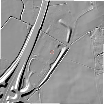 Shaded relief map of the ground around LS225GT, computed from Environment Agency LiDAR. The ground here sits at about 24 m above sea level and falls 12 m across the surrounding 800 m. Surface water reaching this point runs off ground lying to the south-west, 9.2 m higher.