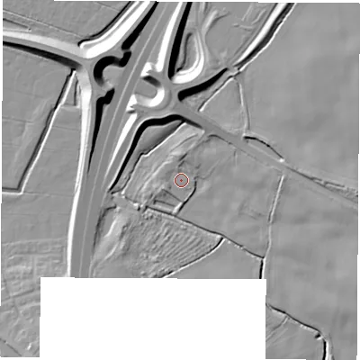 Shaded relief map of the ground around LS225HF, computed from Environment Agency LiDAR. The ground here sits at about 26 m above sea level and falls 12 m across the surrounding 800 m. Surface water reaching this point runs off ground lying to the north, 3.8 m higher.