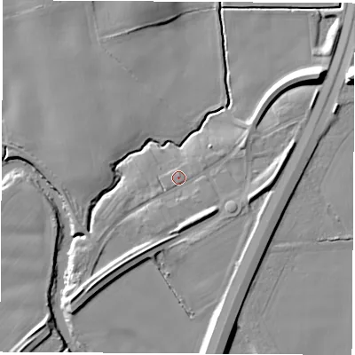 Shaded relief map of the ground around LS225HT, computed from Environment Agency LiDAR. The ground here sits at about 25 m above sea level and falls 15 m across the surrounding 800 m. Surface water reaching this point runs off ground lying to the east, 5.3 m higher.