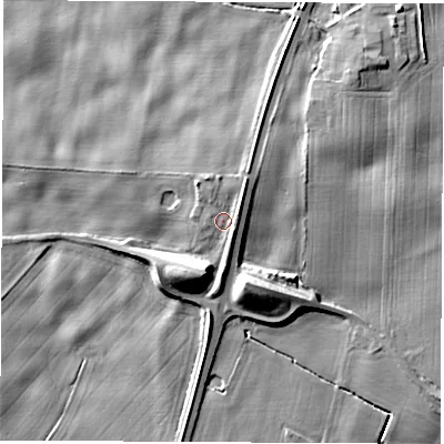 Shaded relief map of the ground around LS225HW, computed from Environment Agency LiDAR. The ground here sits at about 29 m above sea level and falls 13 m across the surrounding 800 m. Surface water reaching this point runs off ground lying to the east-north-east, 2.4 m higher.