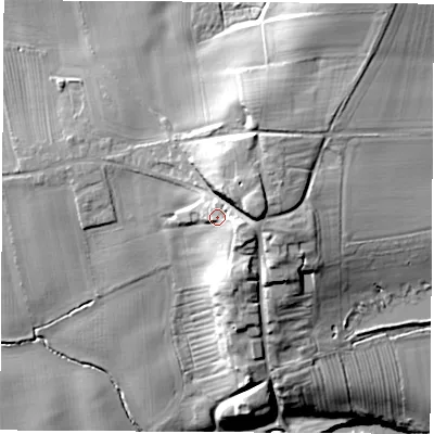 Shaded relief map of the ground around LS225HY, computed from Environment Agency LiDAR. The ground here sits at about 36 m above sea level and falls 28 m across the surrounding 800 m. Surface water reaching this point runs off ground lying to the east-south-east, 9.1 m higher.
