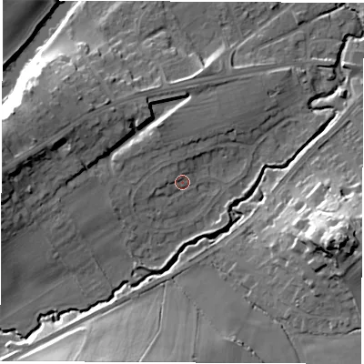 Shaded relief map of the ground around LS225JN, computed from Environment Agency LiDAR. The ground here sits at about 28 m above sea level and falls 29 m across the surrounding 800 m. Surface water reaching this point runs off ground lying to the west-north-west, 2.1 m higher.