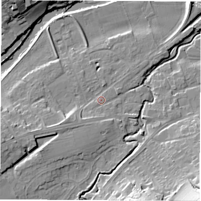 Shaded relief map of the ground around LS225JR, computed from Environment Agency LiDAR. The ground here sits at about 25 m above sea level and falls 27 m across the surrounding 800 m. Surface water reaching this point runs off ground lying to the west-south-west, 9.8 m higher.
