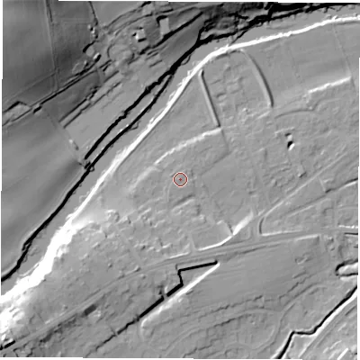 Shaded relief map of the ground around LS225LP, computed from Environment Agency LiDAR. The ground here sits at about 26 m above sea level and falls 40 m across the surrounding 800 m. Surface water reaching this point runs off ground lying to the west-south-west, 0.5 m higher.