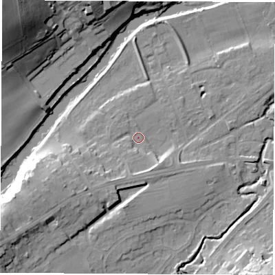 Shaded relief map of the ground around LS225LS, computed from Environment Agency LiDAR. The ground here sits at about 25 m above sea level and falls 36 m across the surrounding 800 m. Surface water reaching this point runs off ground lying to the south-west, 13.8 m higher.