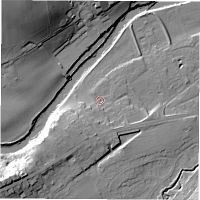 Shaded relief map of the ground around LS225LT, computed from Environment Agency LiDAR. The ground here sits at about 25 m above sea level and falls 38 m across the surrounding 800 m. Surface water reaching this point runs off ground lying to the south-west, 11.5 m higher.