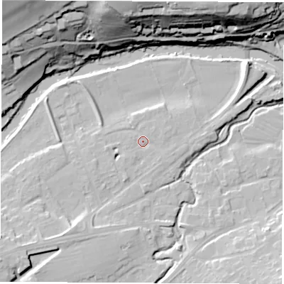 Shaded relief map of the ground around LS225LX, computed from Environment Agency LiDAR. The ground here sits at about 24 m above sea level and falls 37 m across the surrounding 800 m. Surface water reaching this point runs off ground lying to the south-west, 8.6 m higher.