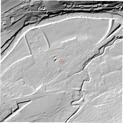 Shaded relief map of the ground around LS225LY, computed from Environment Agency LiDAR. The ground here sits at about 25 m above sea level and falls 33 m across the surrounding 800 m. Surface water reaching this point runs off ground lying to the south-west, 9.5 m higher.