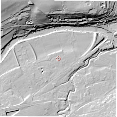 Shaded relief map of the ground around LS225LZ, computed from Environment Agency LiDAR. The ground here sits at about 24 m above sea level and falls 42 m across the surrounding 800 m. Surface water reaching this point runs off ground lying to the south-east, 0.6 m higher.