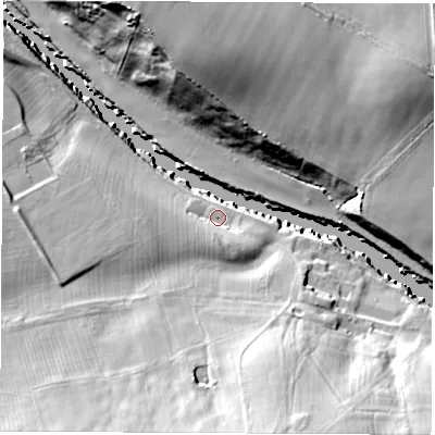 Shaded relief map of the ground around LS225NB, computed from Environment Agency LiDAR. The ground here sits at about 19 m above sea level and falls 33 m across the surrounding 800 m. Surface water reaching this point runs off ground lying to the south, 6.0 m higher.