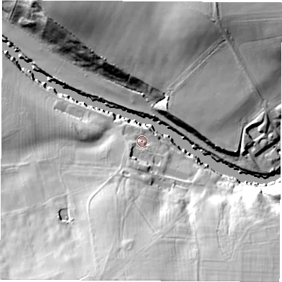 Shaded relief map of the ground around LS225PB, computed from Environment Agency LiDAR. The ground here sits at about 20 m above sea level and falls 34 m across the surrounding 800 m. Surface water reaching this point runs off ground lying to the south, 6.5 m higher.