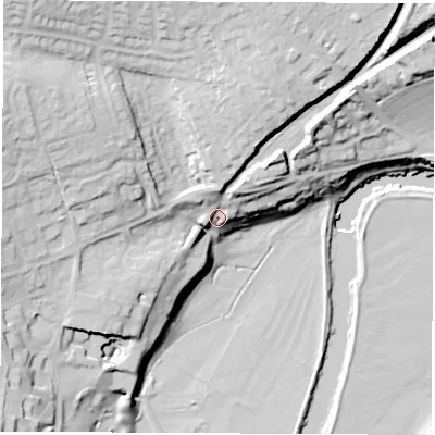 Shaded relief map of the ground around LS226HD, computed from Environment Agency LiDAR. The ground here sits at about 31 m above sea level and falls 37 m across the surrounding 800 m. Surface water reaching this point runs off ground lying to the north, 23.4 m higher.
