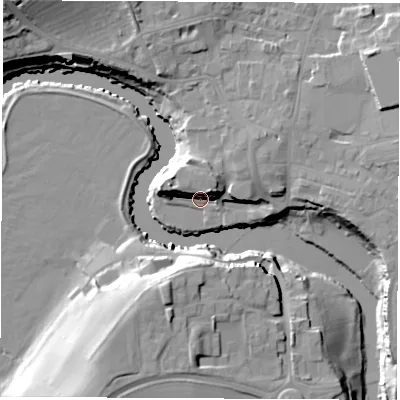 Shaded relief map of the ground around LS226LH, computed from Environment Agency LiDAR. The ground here sits at about 20 m above sea level and falls 26 m across the surrounding 800 m. Surface water reaching this point runs off ground lying to the north-east, 10.0 m higher.
